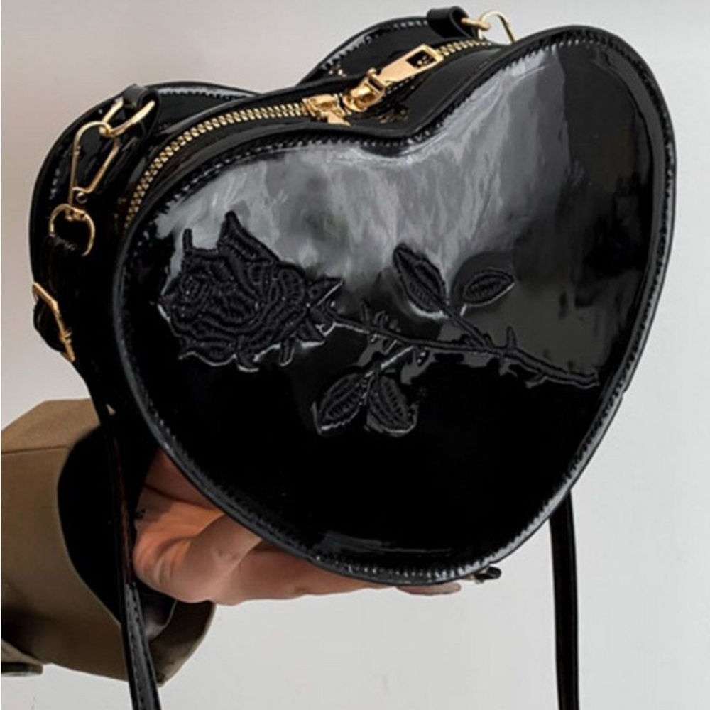 Heart-Shaped Black Bag with Rose Embroidery NWT​